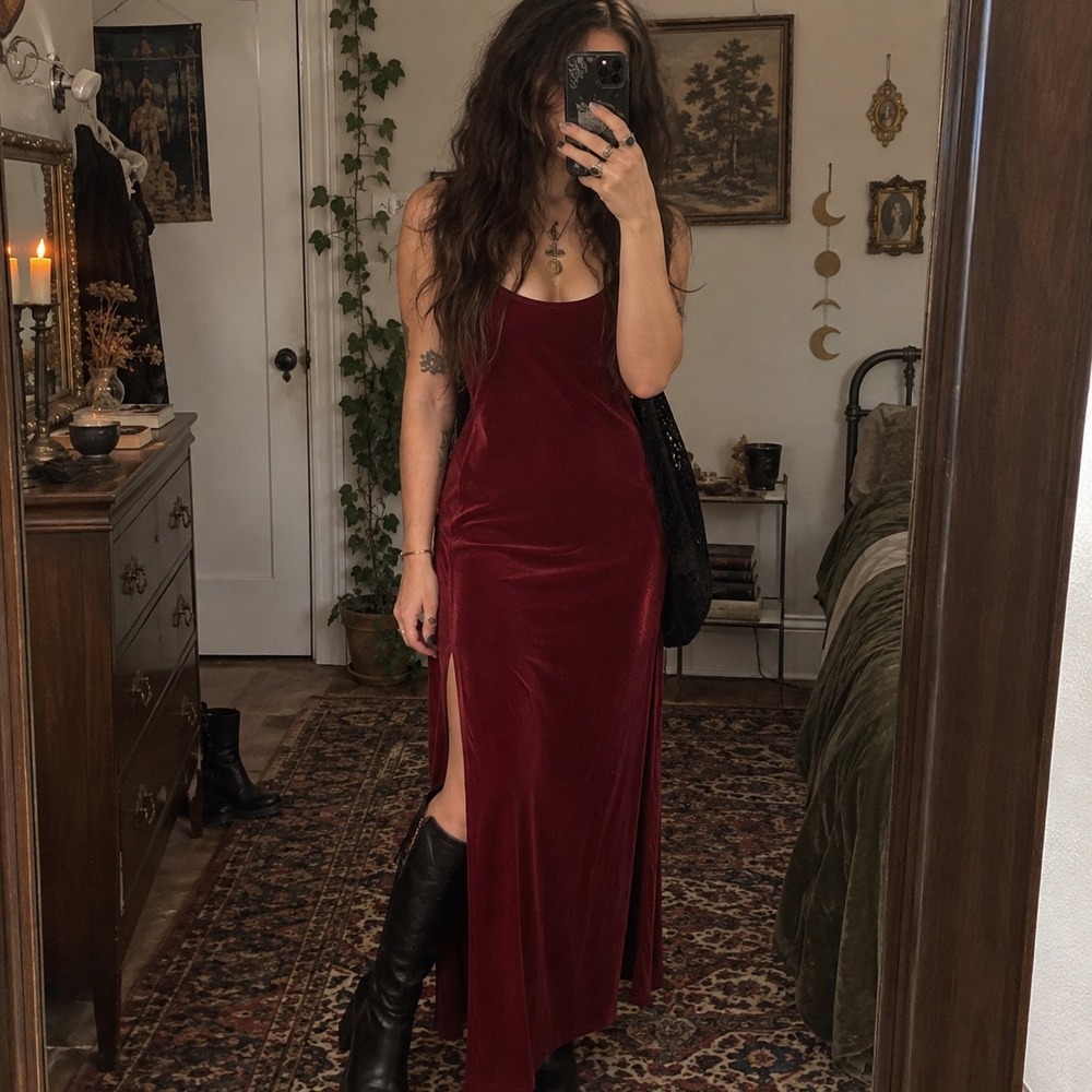 VTG Y2K Slip Maxi Dress Medium Whimsigoth Vamp Stretch Gown Fairy Grunge Slit